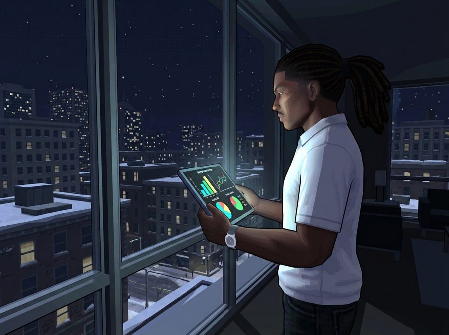 Malik regarde ses graphiques devant la ville enneigée